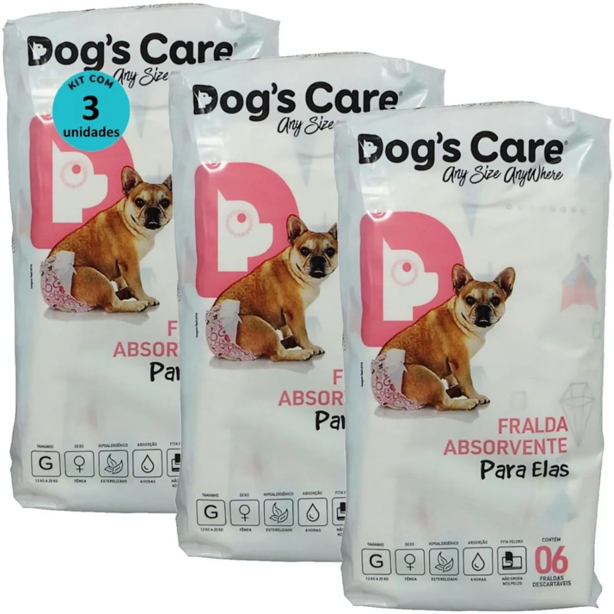 FRALDA HIGIÊNICA DESCARTÁVEL DOGS CARE G 6 UN PARA CÃES FÊMEAS KIT COM 3