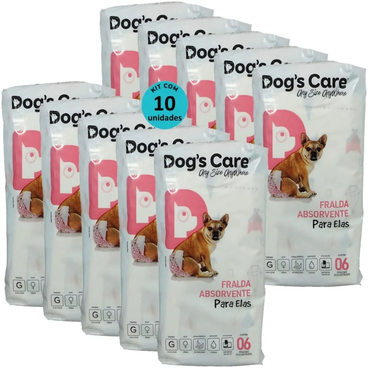 FRALDA HIGIÊNICA DESCARTÁVEL DOGS CARE G 6 UN PARA CÃES FÊMEAS KIT COM 10