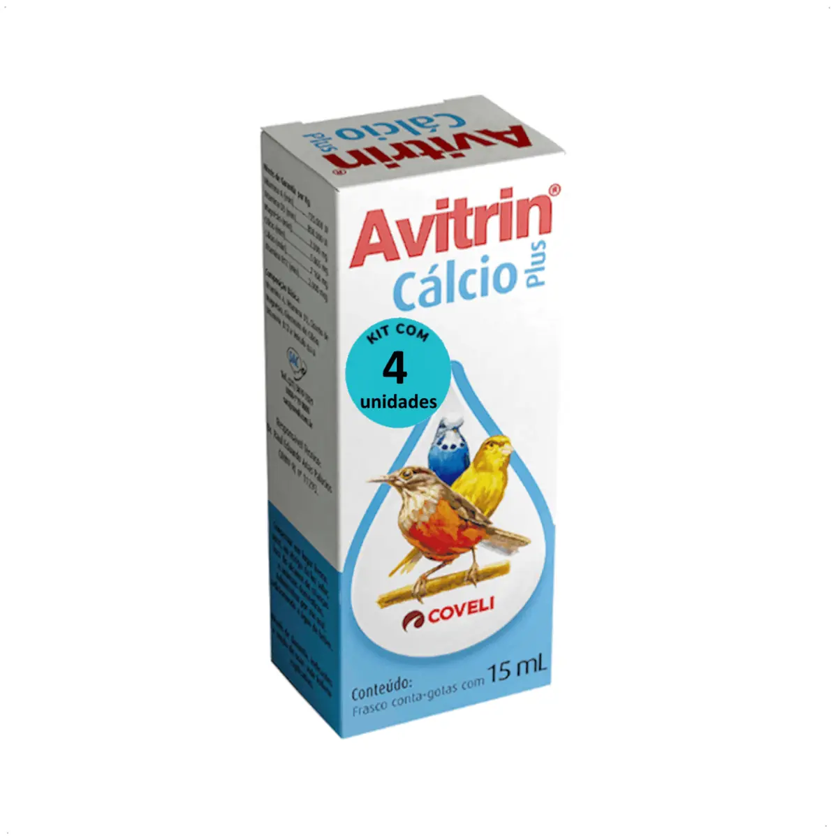 AVITRIN CÁLCIO PLUS 15ML COVELI SUPLEMENTO PARA AVES E PÁSSAROS ORNAMENTAIS KIT COM 4