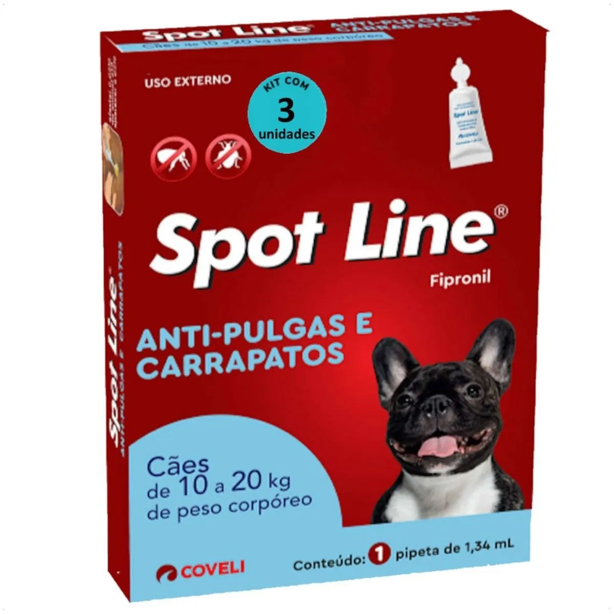 SPOT LINE ANTIPULGAS E CARRAPATOS 1,34ML PARA CÃES DE 10 A 20KG COVELI KIT COM 3