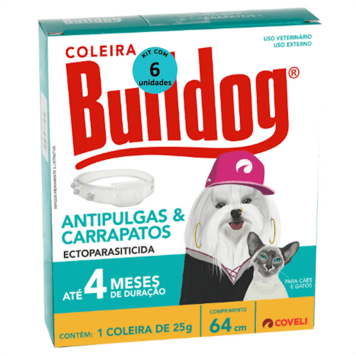 COLEIRA ANTIPULGAS E CARRAPATOS BULLDOG 4 COM 64CM E 25G PARA CÃES E GATOS COVELI KIT COM 6