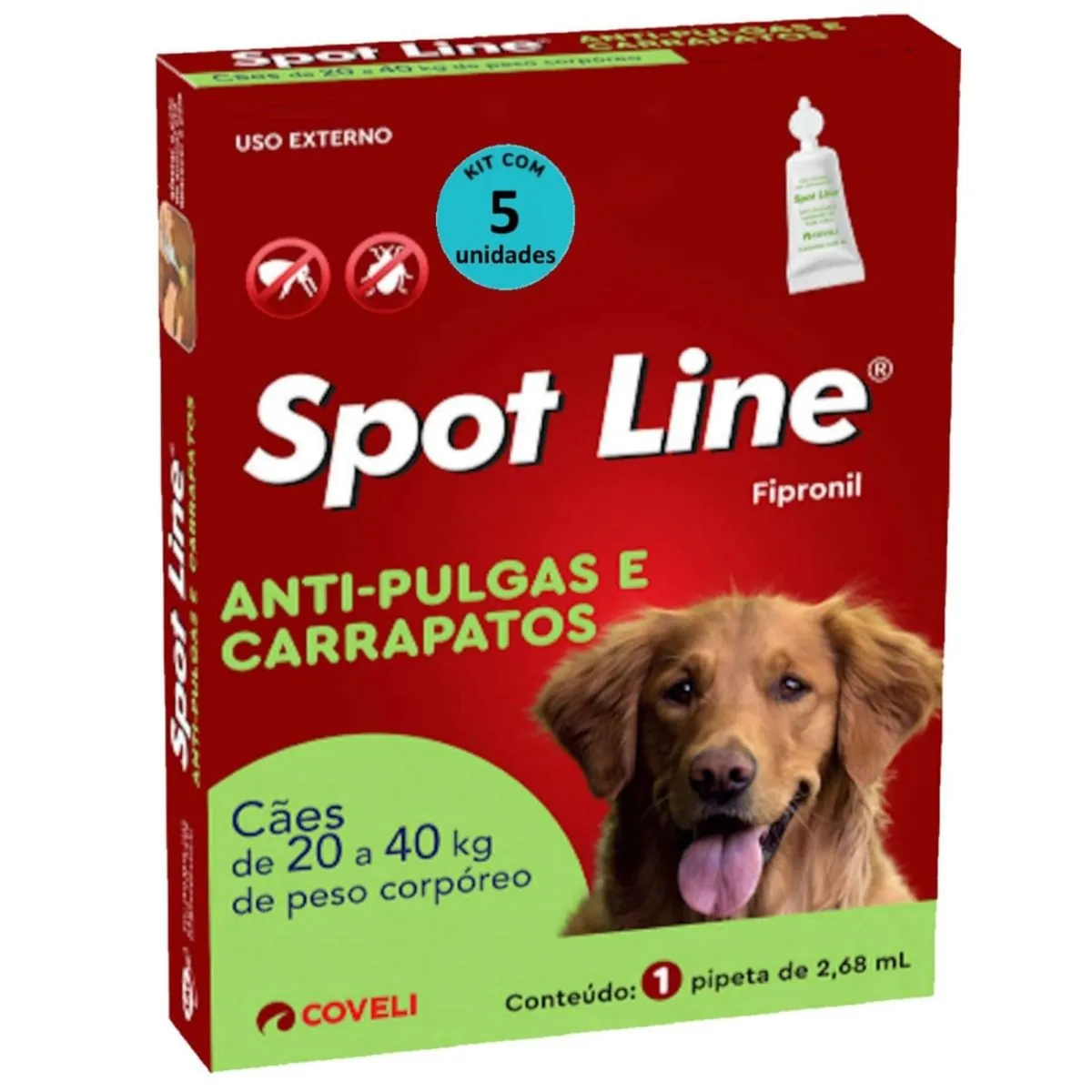 SPOT LINE ANTIPULGAS E CARRAPATOS 2,68ML PARA CÃES DE 20 A 40KG COVELI KIT COM 5