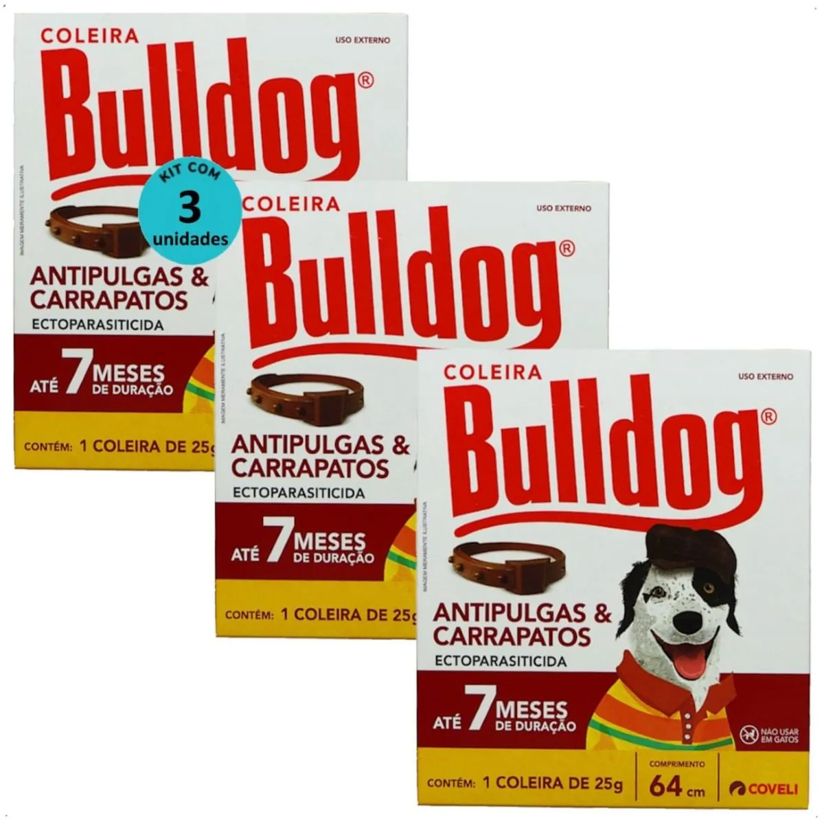COLEIRA ANTIPULGAS E CARRAPATOS BULLDOG 7 COM 64CM E 25G PARA CÃES COVELI KIT COM 3