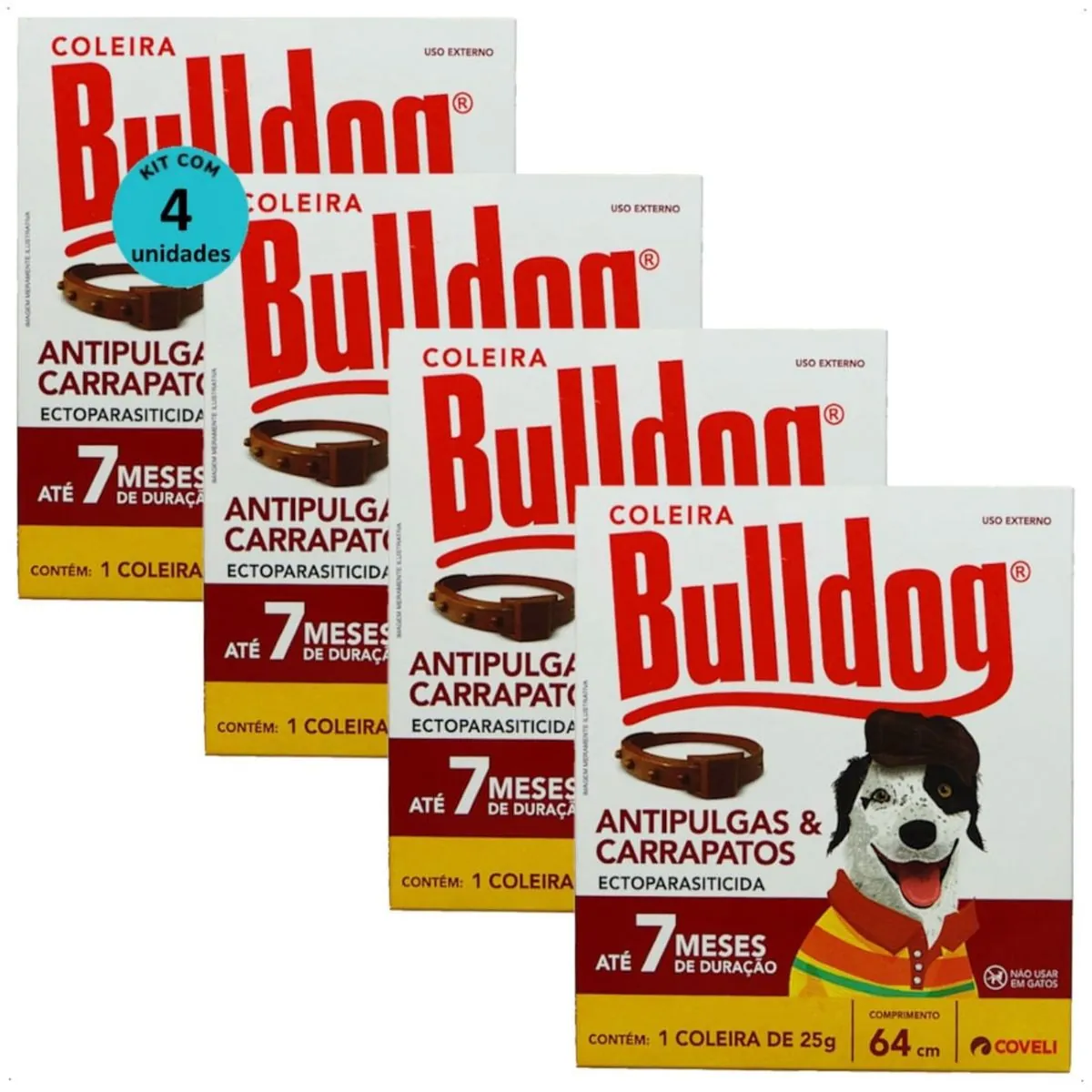 COLEIRA ANTIPULGAS E CARRAPATOS BULLDOG 7 COM 64CM E 25G PARA CÃES COVELI KIT COM 4
