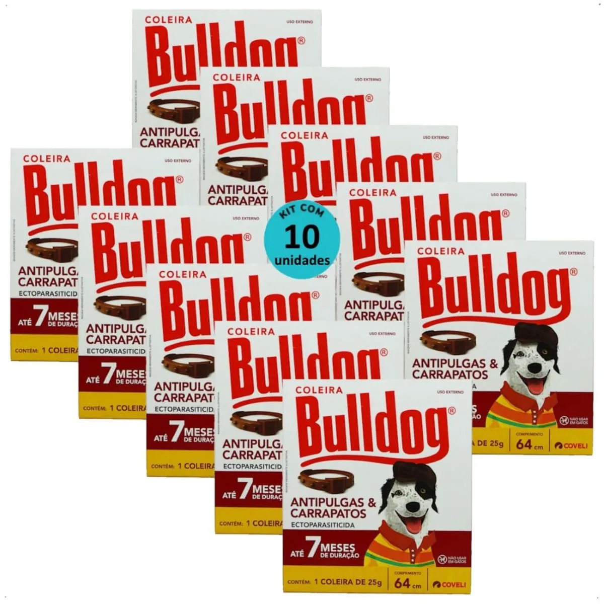 COLEIRA ANTIPULGAS E CARRAPATOS BULLDOG 7 COM 64CM E 25G PARA CÃES COVELI KIT COM 10