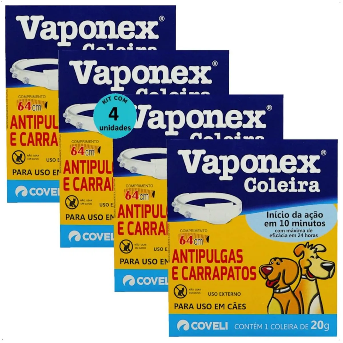 COLEIRA ANTIPULGAS E CARRAPATOS VAPONEX COVELI 64CM 20G PARA CÃES KIT COM 4