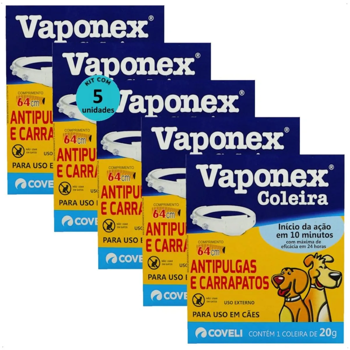 COLEIRA ANTIPULGAS E CARRAPATOS VAPONEX COVELI 64CM 20G PARA CÃES KIT COM 5