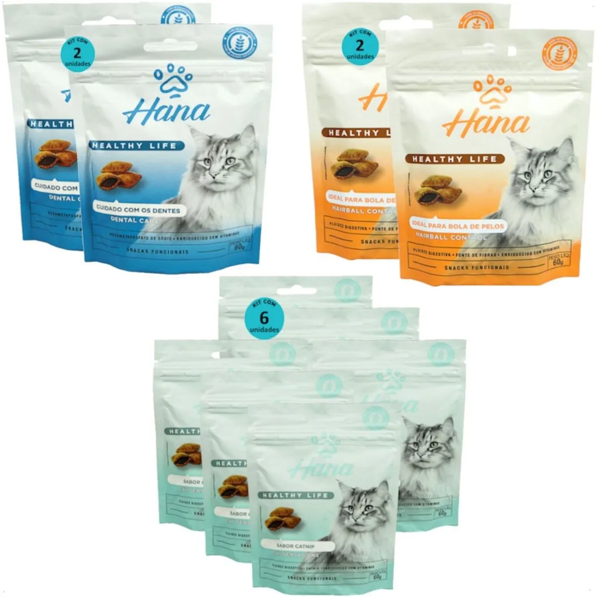 KIT 2 SNACKS HANA LIFE DENTAL CARE + 2 HAIRBALL CONTROL + 6 CAT SENSATIONS - Kit 2 Snacks Hana Life