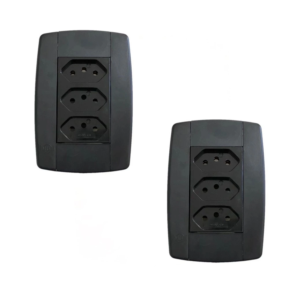 Kit 2 Conjunto 3 Tomadas Preta Monobloco 2p+t 10a 250v 4x2