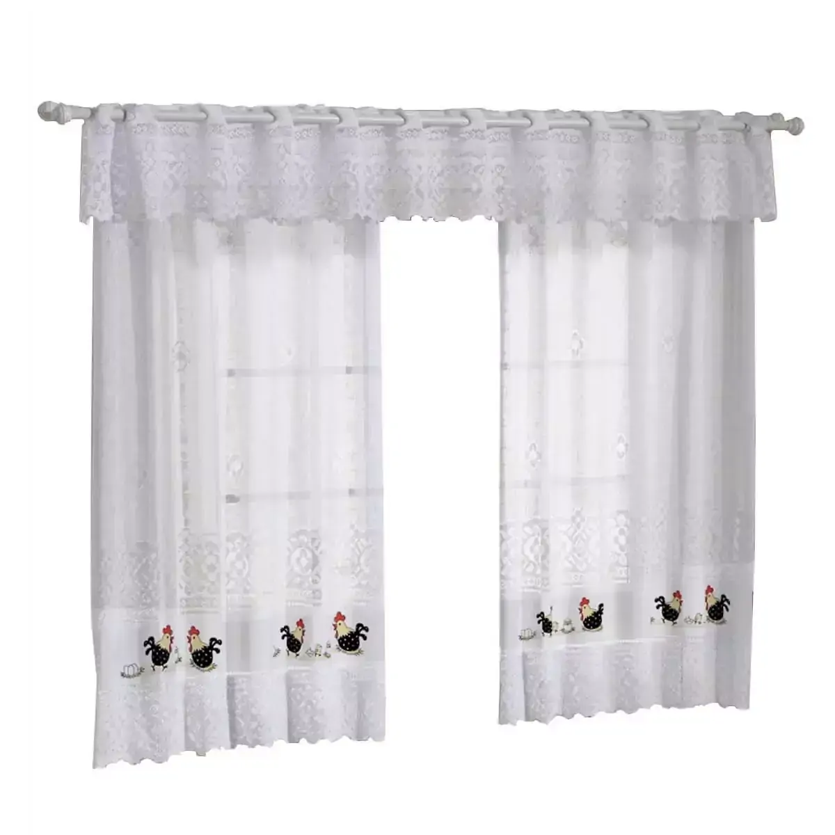 Cortina De Renda Bandô 30cm Cozinha 2mx1,50m Interlar Branca Galinha Com Ovos