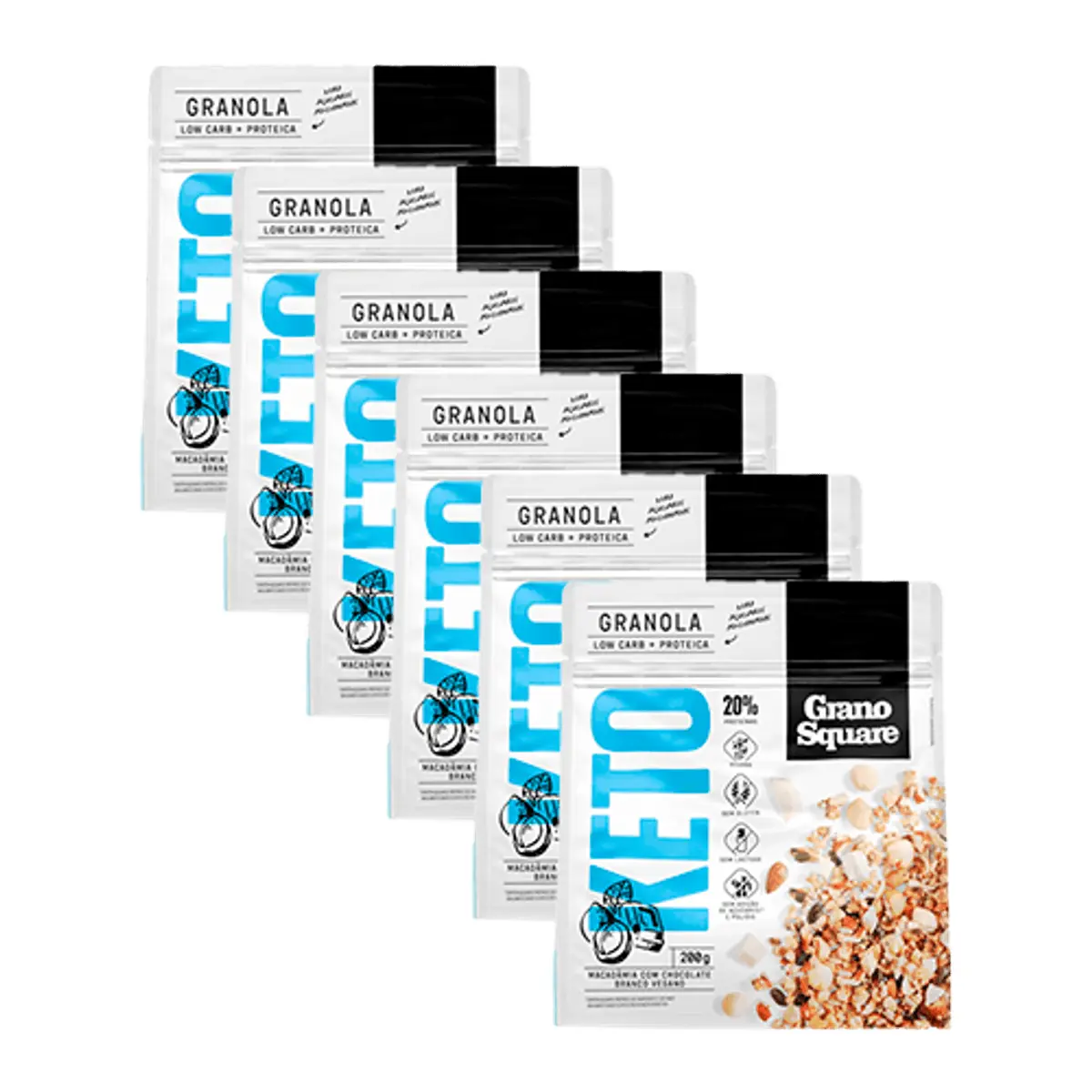 Kit 6X: Granola Keto Macadâmia com Chocolate Branco Sem Glúten GranoSquare 200g