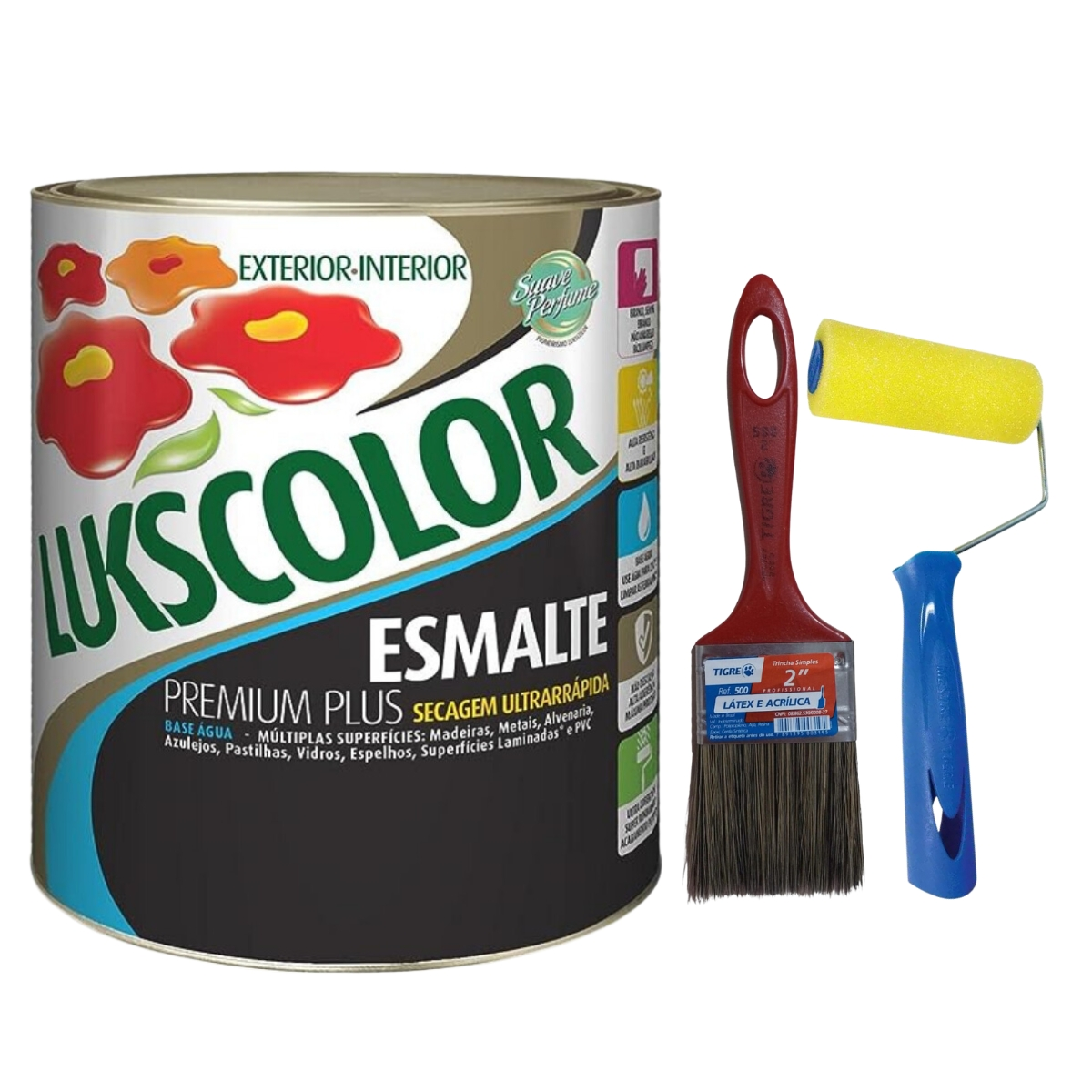 Kit Tinta Base Água Bri Preto 900ml Lukscolor + Pincel + Rolinho 9cm
