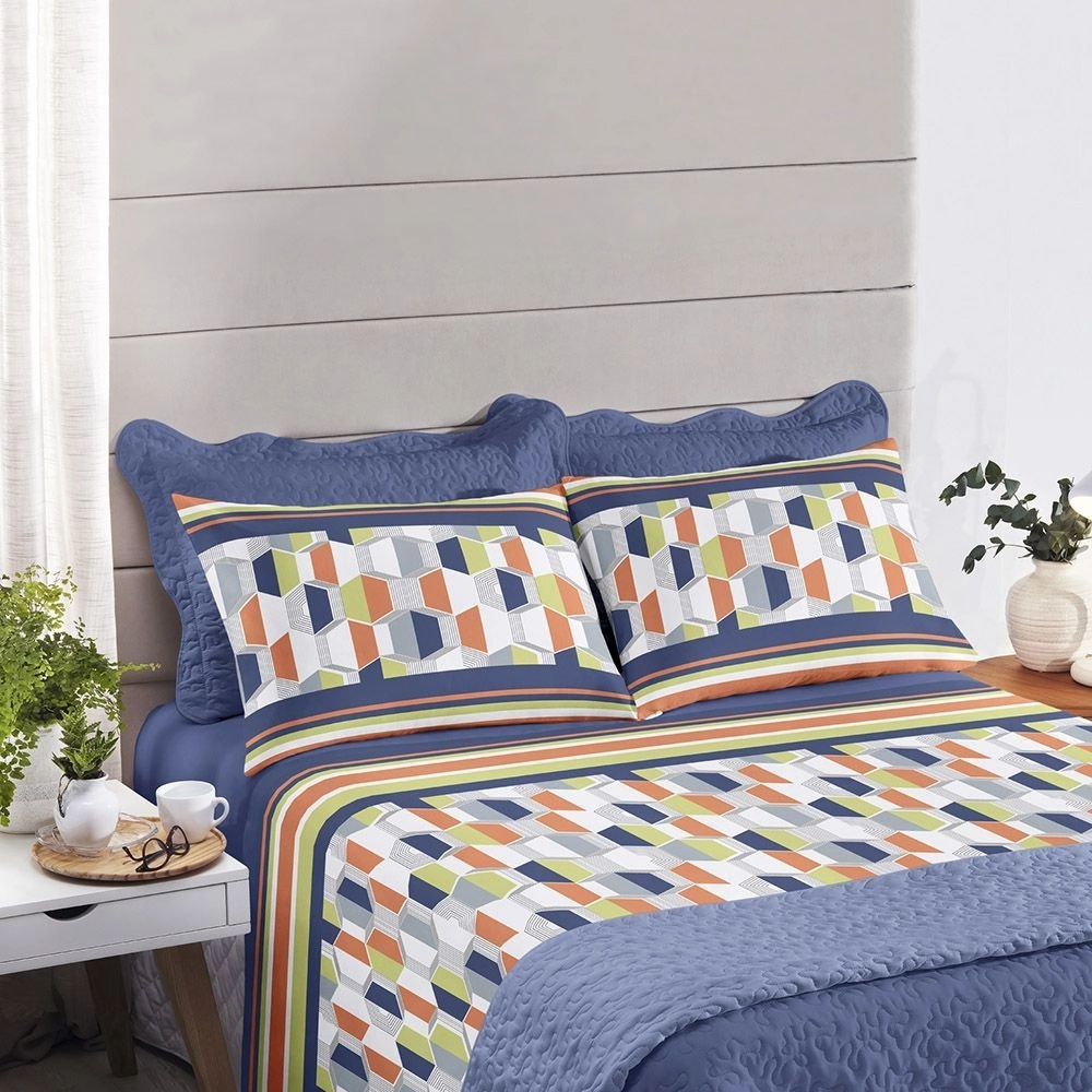 Jogo Cama Santista Casal Geometr Miller Azul Un