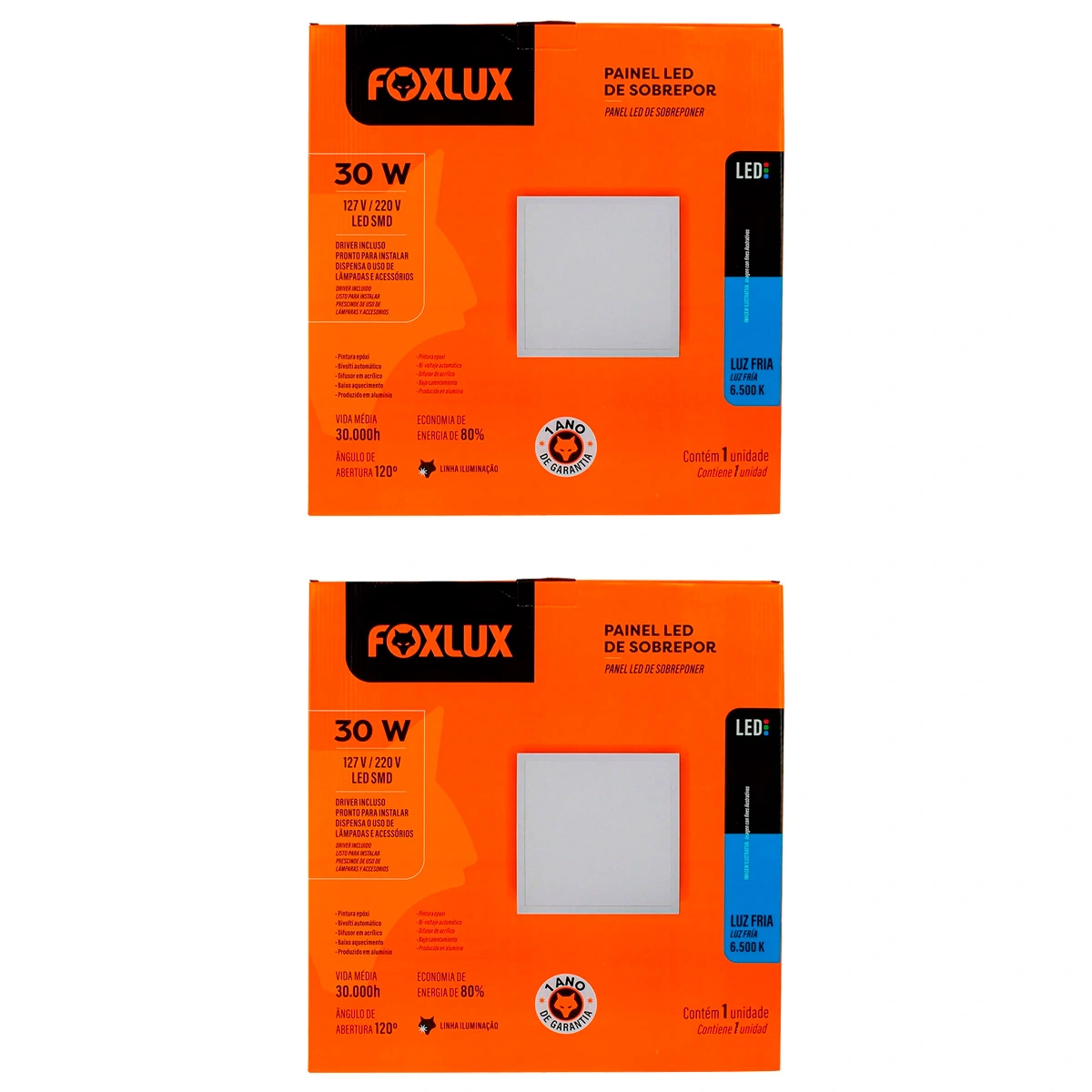 Kit 2 Painel Led Foxlux Quadrado Sobrepor 30w 6500k Biv