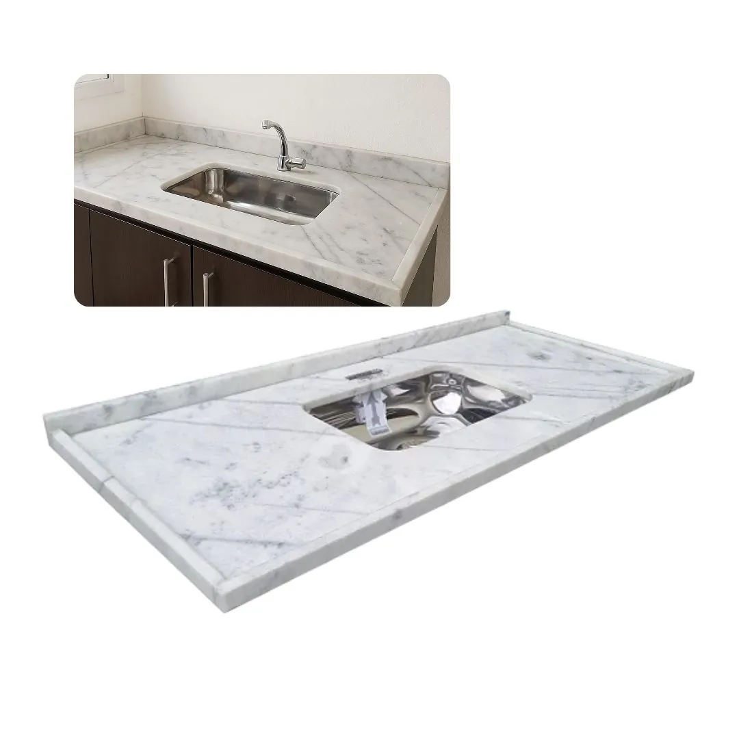Pia De Cozinha 180cm Mármore Branco Cuba Rasa Inox Simples  Branco