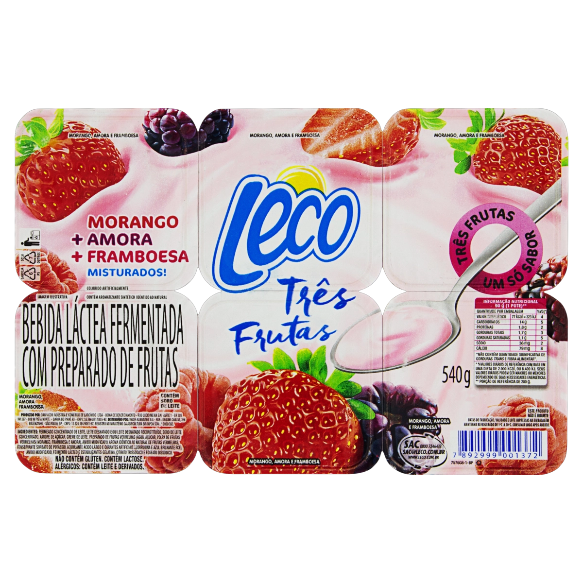 Bebida Láctea Fermentada Morango, Amora E Framboesa Leco Três Frutas Bandeja 540g 6 Unidades