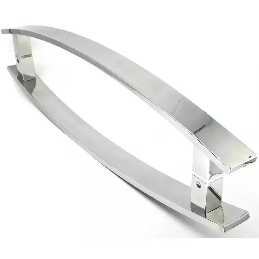 Puxador Para Porta Pivotante Curvo Madeira E Vidro Inox Polido 80 Cm