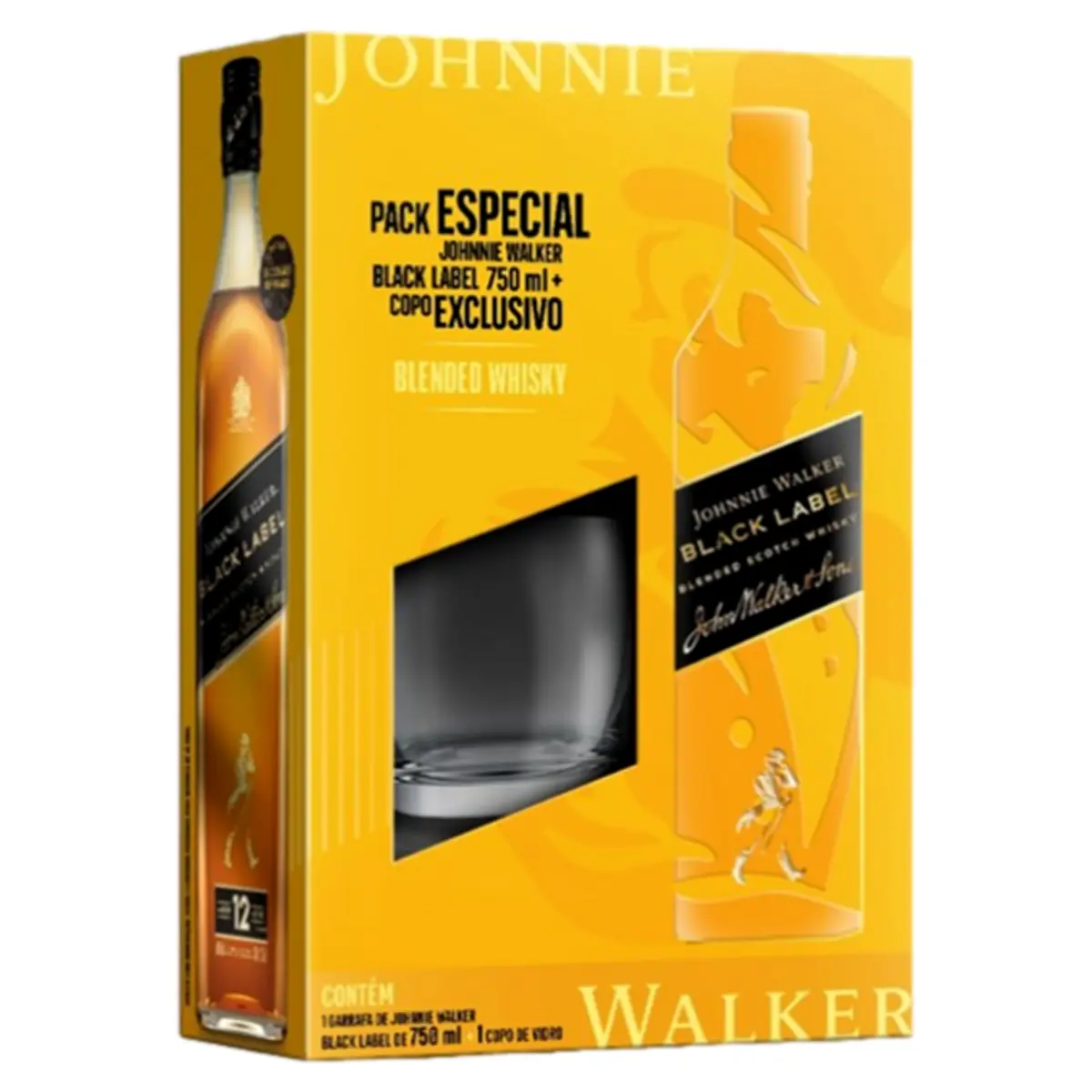 Kit Copo Whisky Escocês Blended Black Label Johnnie Walker 750ml