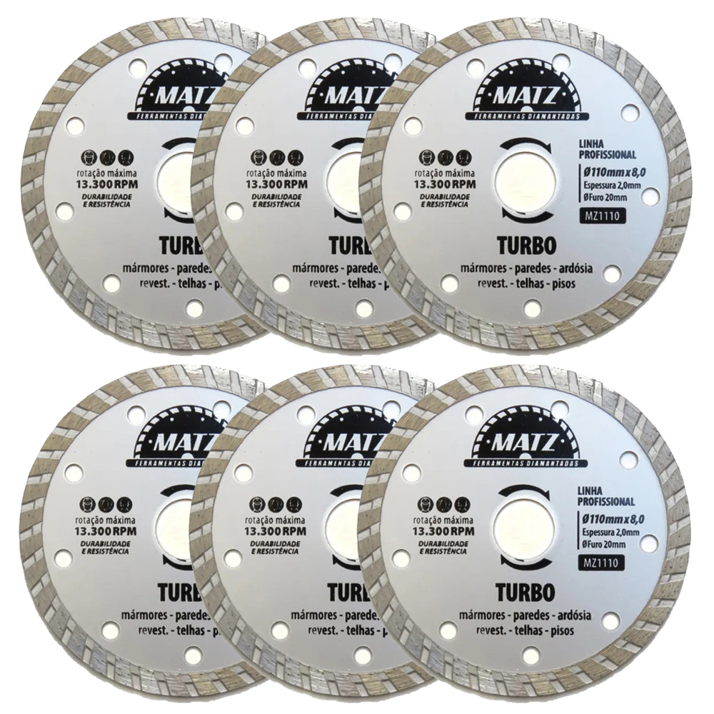 Kit 6 Disco De Corte Diamantado Turbo 8mm 110mm X 20mm Matz