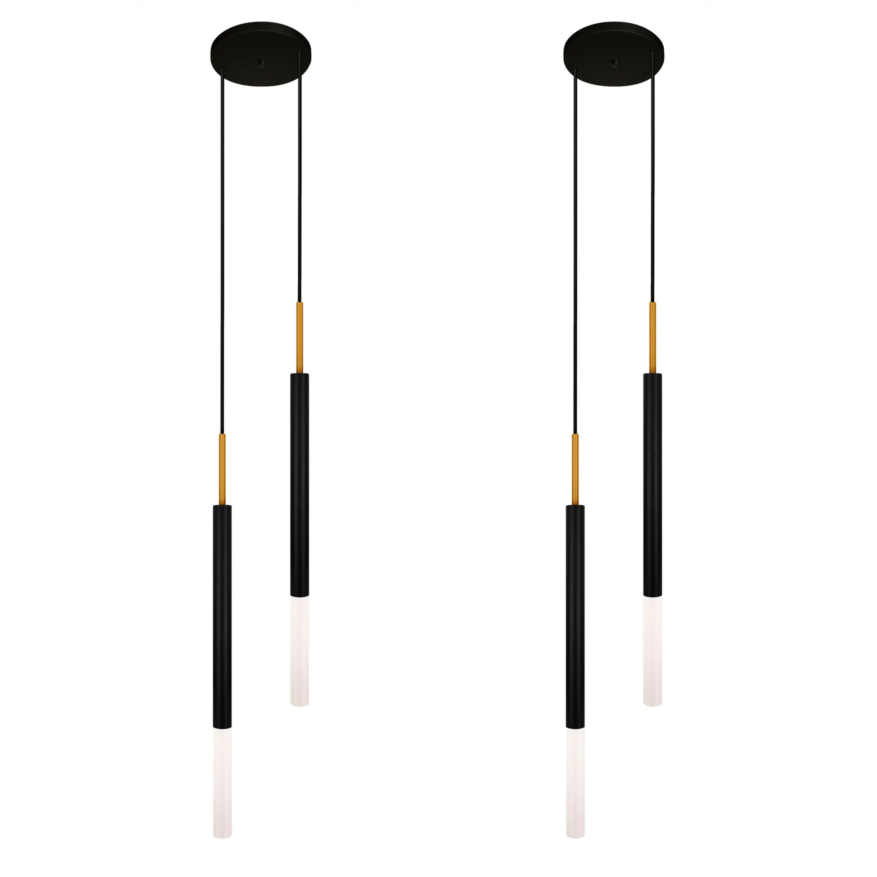 Kit 2 Luminárias Pendente Tubo Duplo Difusor Preto Dourado