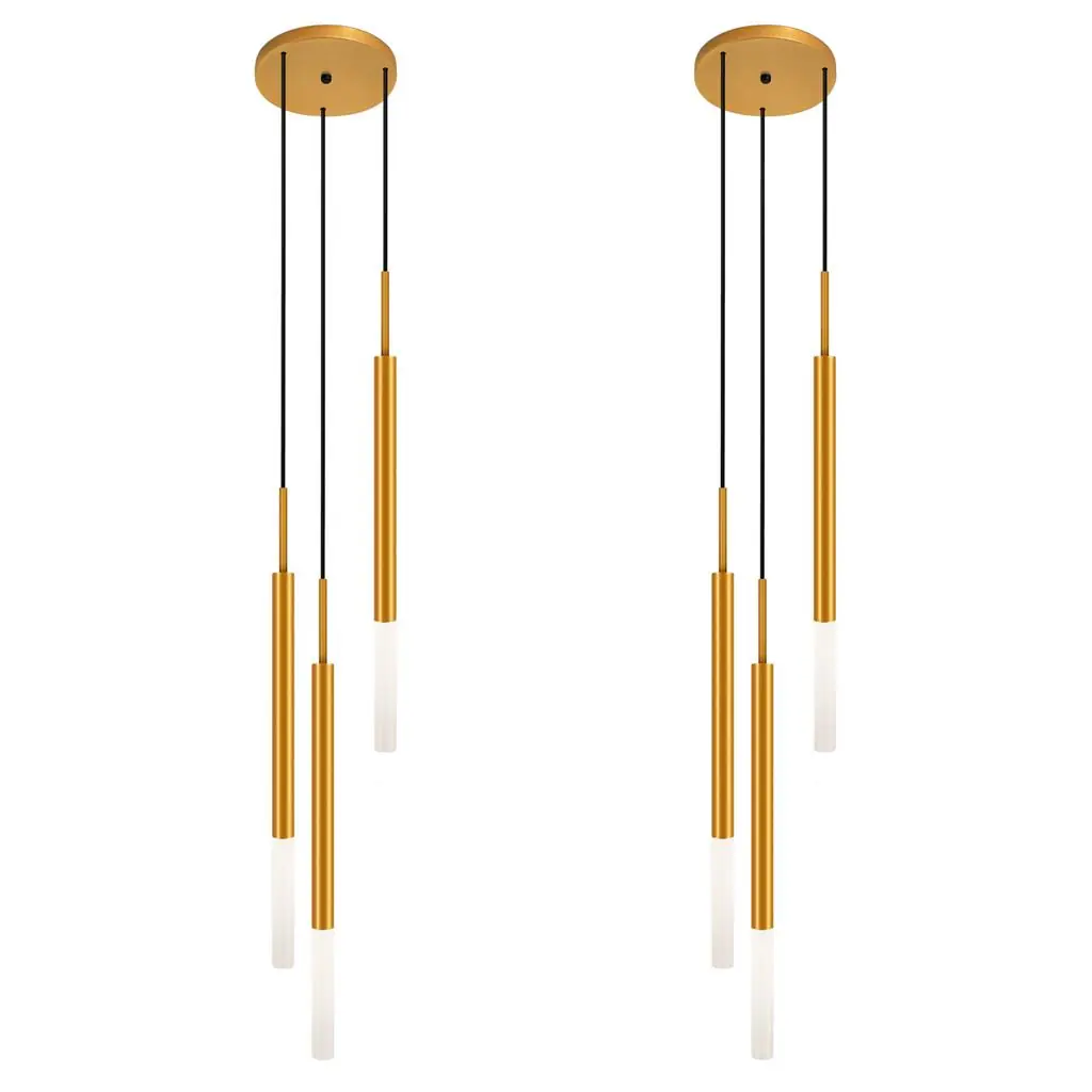 Kit 2 Luminárias Teto Pendente Tubo Triplo Difusor Dourado