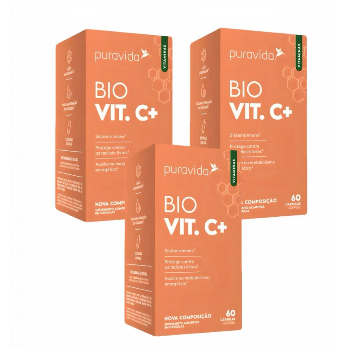 3x Bio Vit C+ Puravida - 60 Cápsulas - Vitamina C Sem Sabor