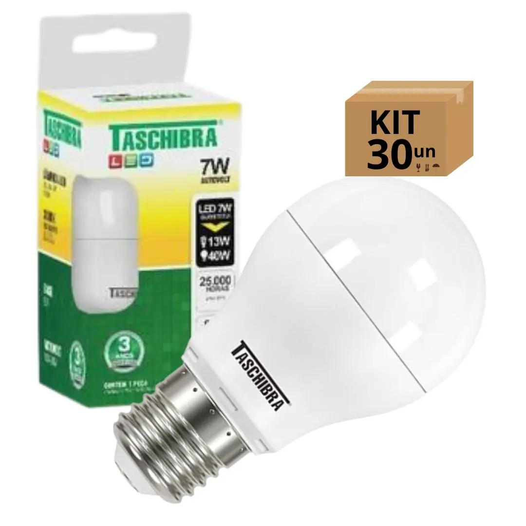 Kit 30 Lâmpadas Bulbo Led Taschibra Tkl Bivolt E27 7w 3000k