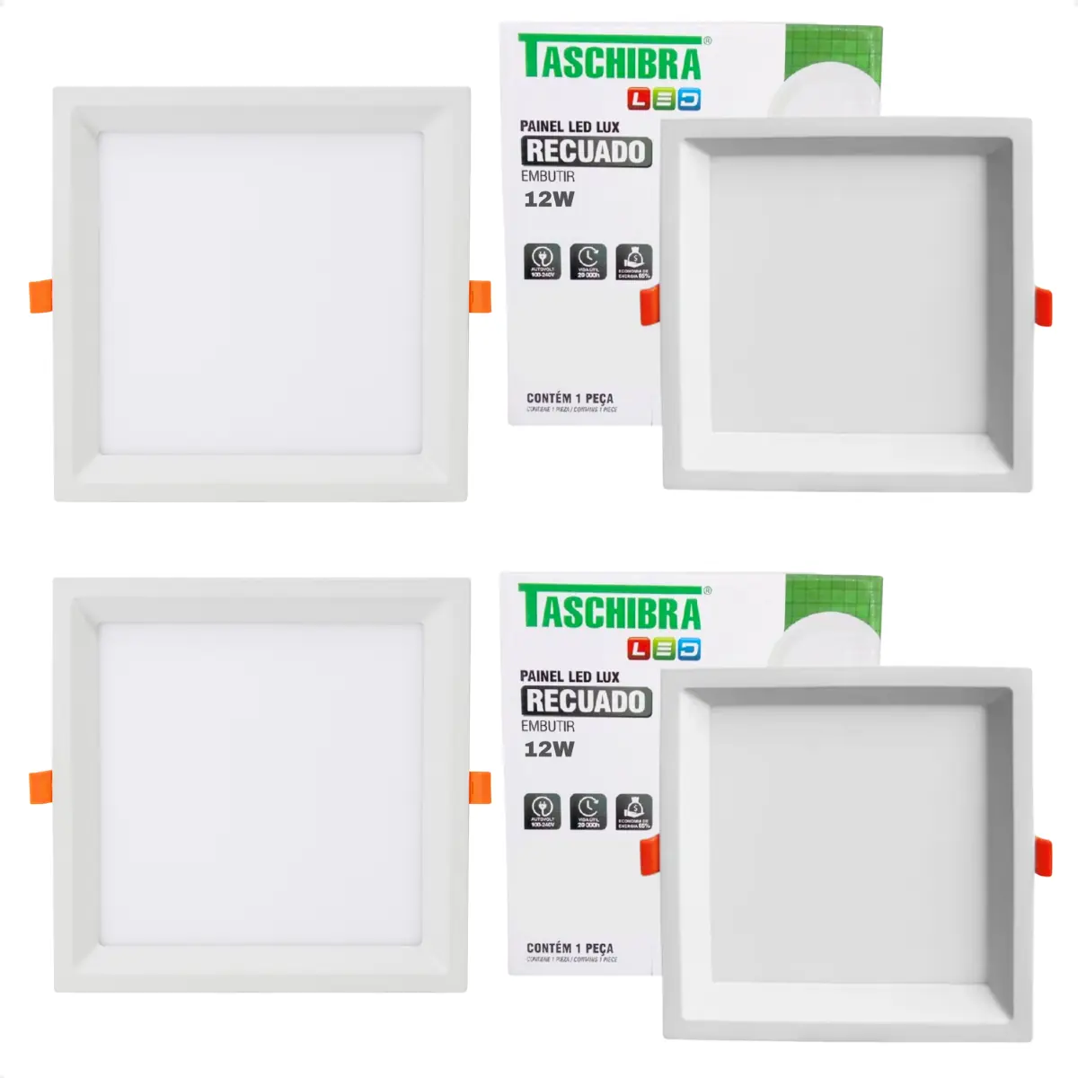 Kit 4 Painel De Led Quadrado Embutir Recuado 12w Bivolt Taschibra