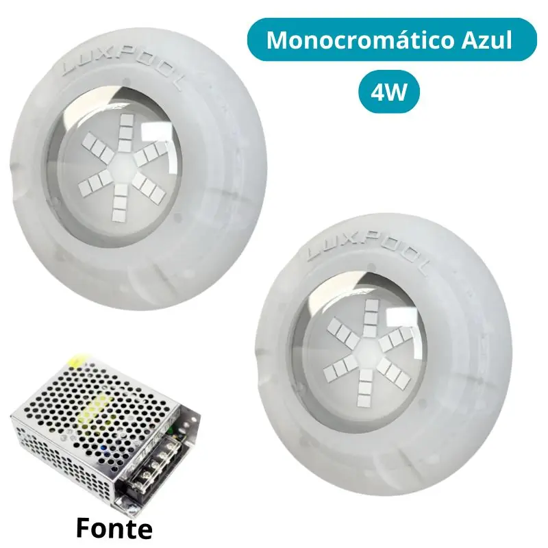 Kit Iluminação Azul Piscina 16m² 2 Leds Com Fonte Luxpool