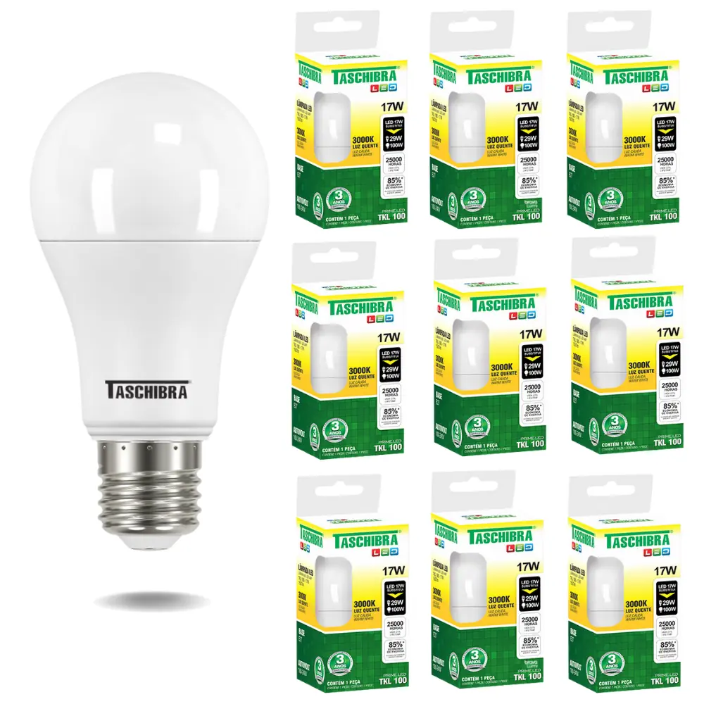 Kit 10 Lâmpadas Led Bulbo Tkl 17w Taschibra E27 Bivolt 3000k Amarelo Quente