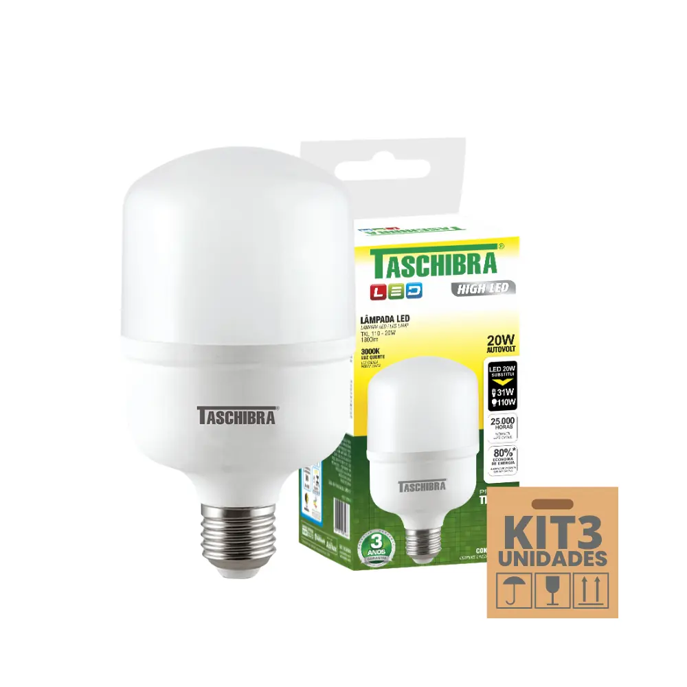 Kit 3 Lâmpadas High Led Tkl 20w Taschibra E27 Bivolt 3000k Luz Quente