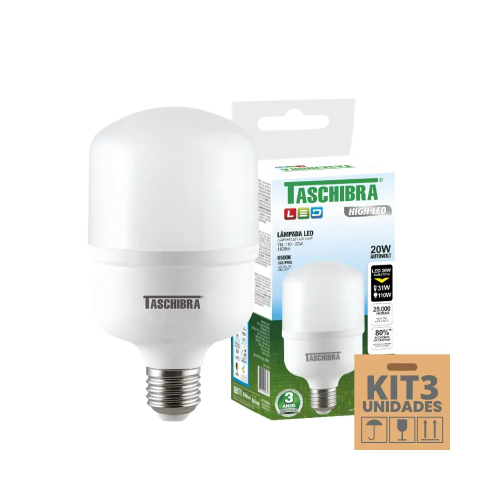 Kit 3 Lâmpadas High Led Tkl 20w Taschibra E27 Bivolt 6500k Luz Fria