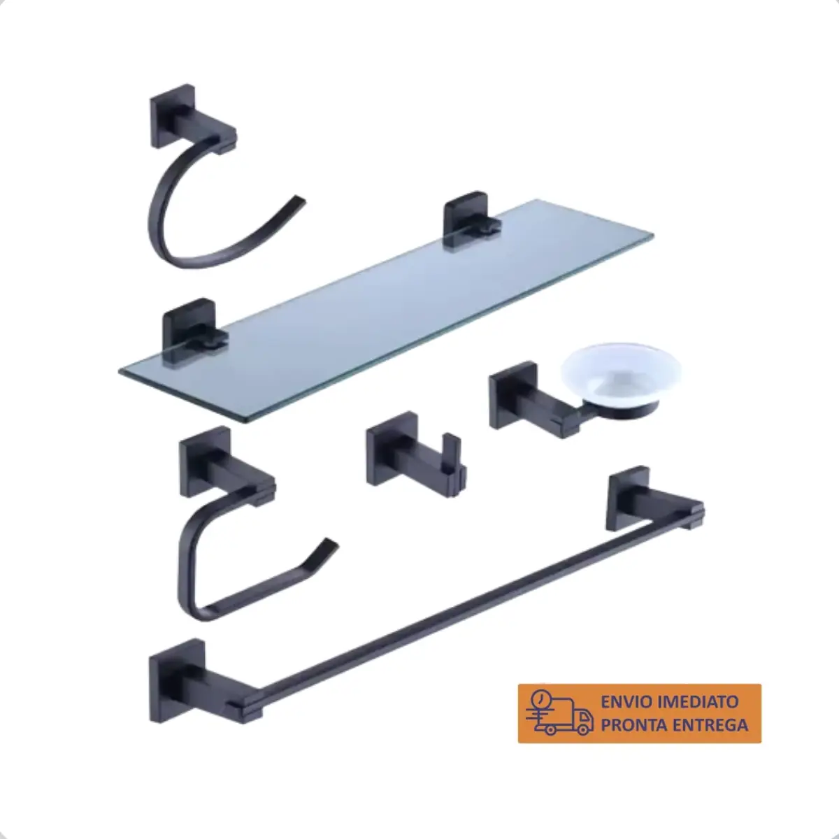 Kit Acessorios De Banheiro Lavatorio Suite Quadrado 6 Peças Preto Fosco