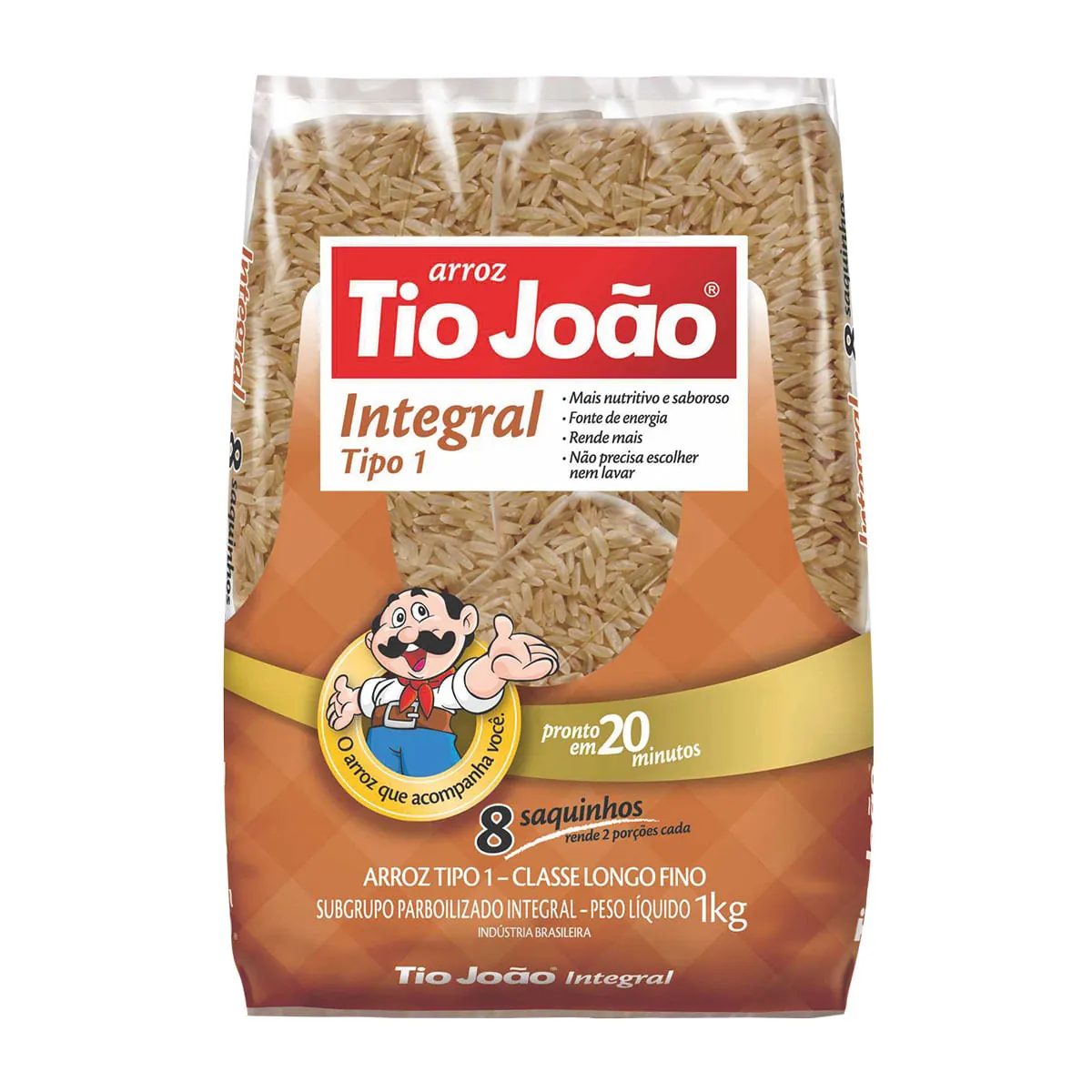 Arroz Parboilizado Integral Tipo 1 TIO JOÃO Pacote 1kg com 8 Saquinhos