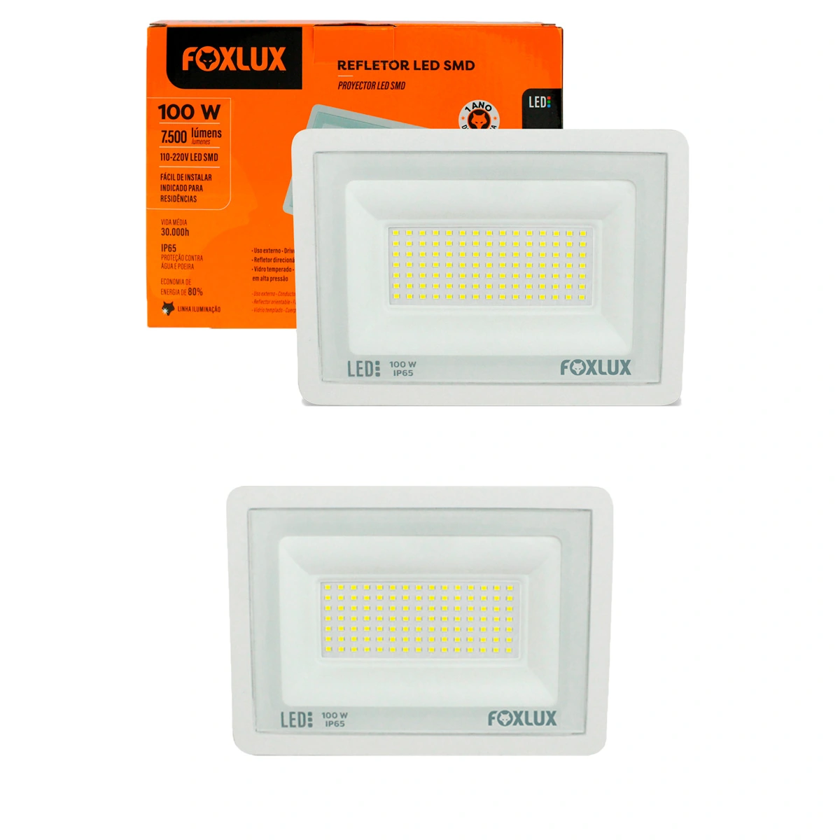 Kit 2 Refletor Led Foxlux 100w 6500k Bivolt Branco