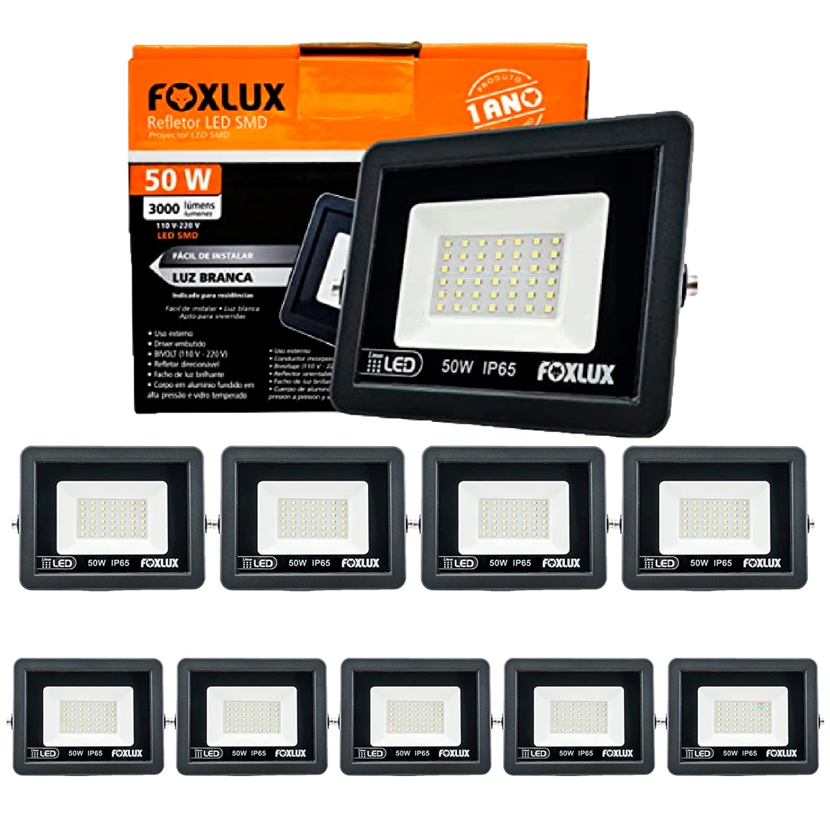 Kit 10 Refletor Led Foxlux 50w 6500k Bivolt
