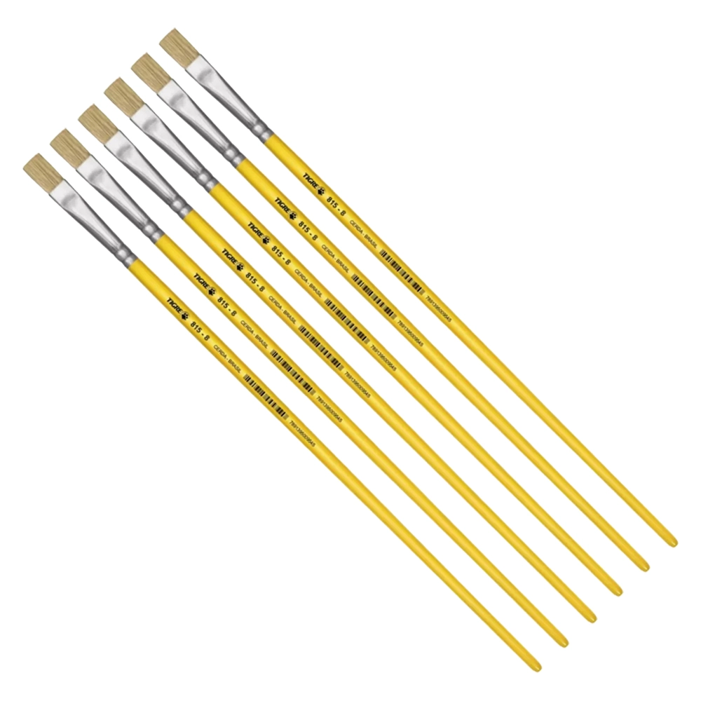 Kit 6 Pincel Chato Longo Cerda Natural 815-8 Nº8 Fino Tigre