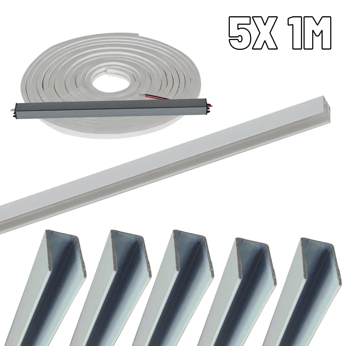 Perfil De Alumínio Com Fita Neon De Led 3.000k Branco Embutir Ou Sobrepor Kit 5x 1m