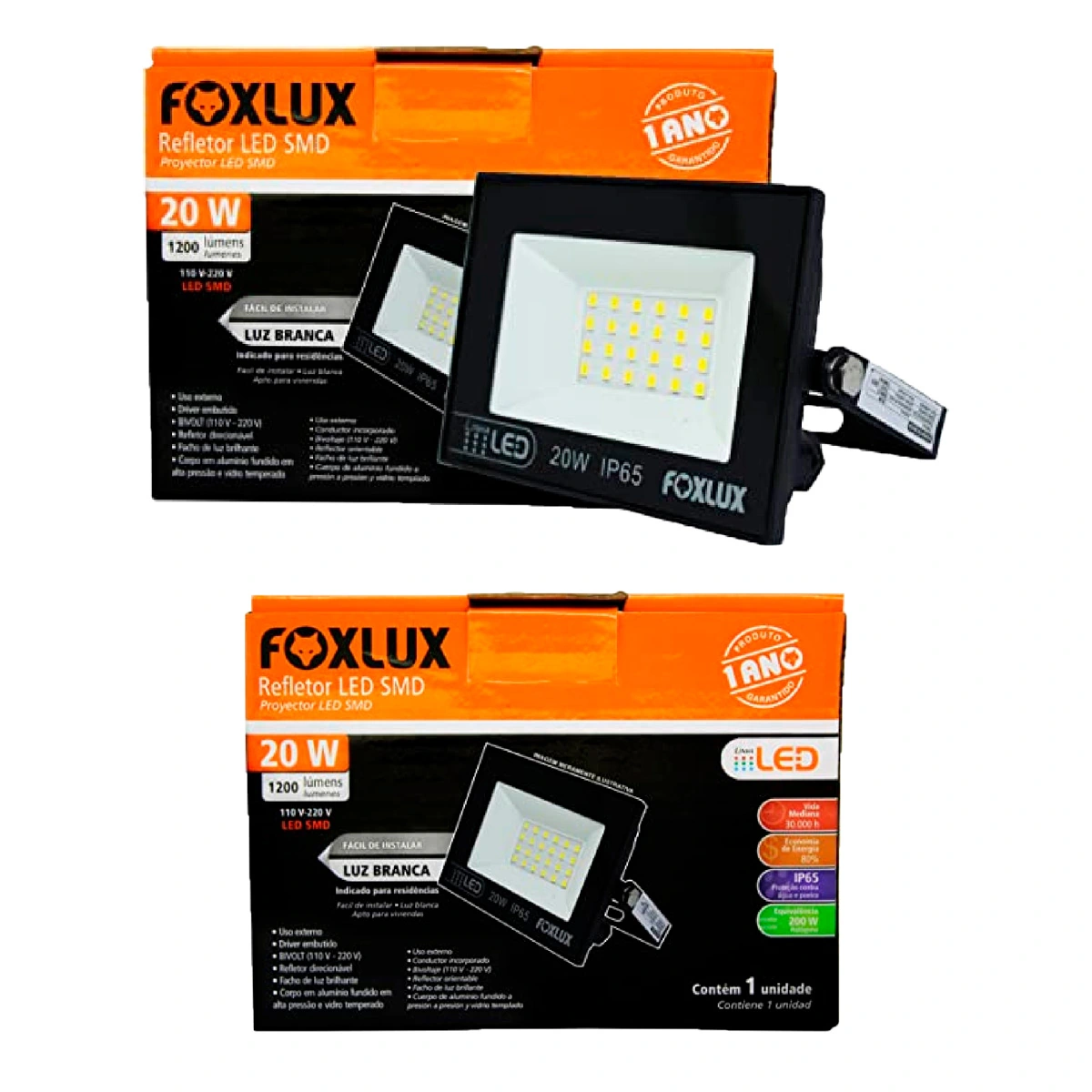 Kit 2 Refletor Led Foxlux 20w 6500k Bivolt Preto