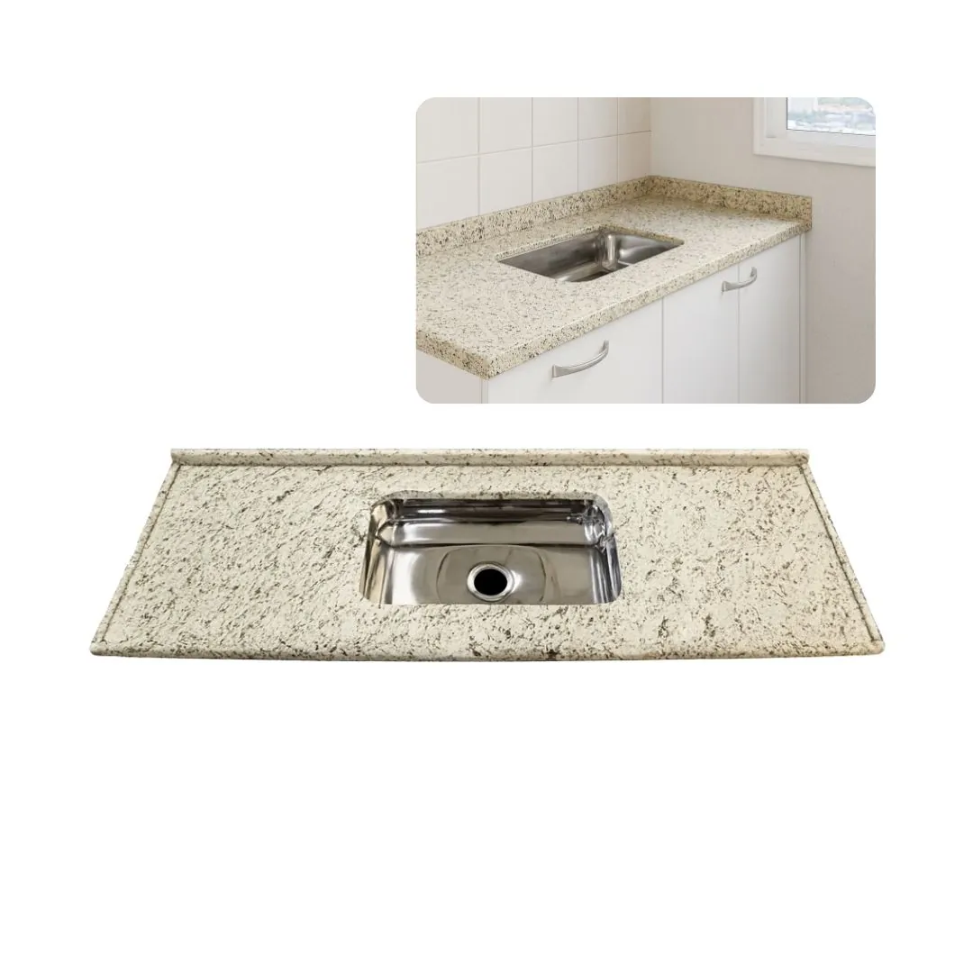 Pia De Cozinha Granito Marfim Arabesco 100cm Cuba Inox Rasa  Marfim Arabesco