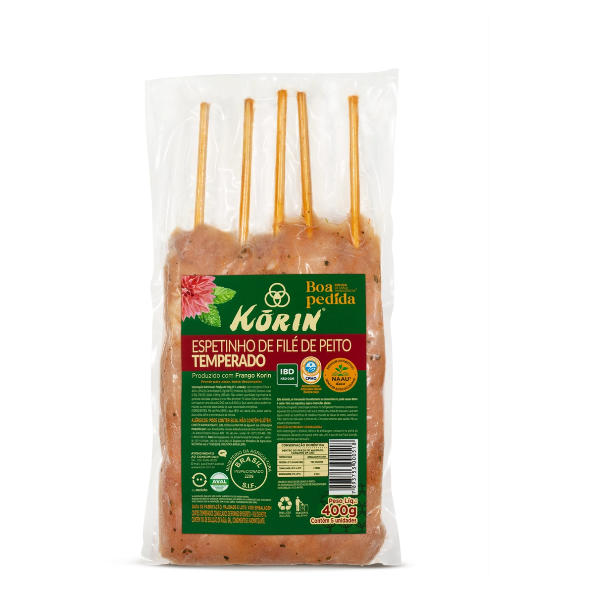 Filé De Peito De Frango Em Espeto Congelado Temperado Korin Boa Pedida 400g 5 Unidades