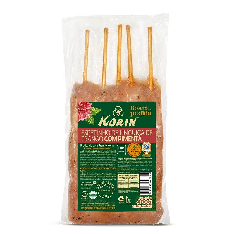 Linguiça De Frango Com Pimenta Em Espeto Korin Boa Pedida 400g 5 Unidades