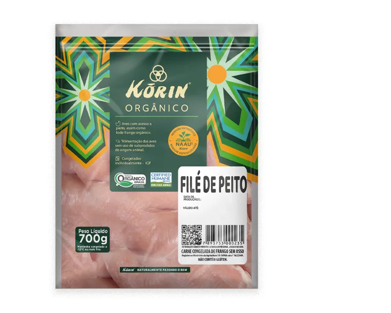 Filé de Peito de Frango Orgânico Congelado KORIN Bandeja 600g