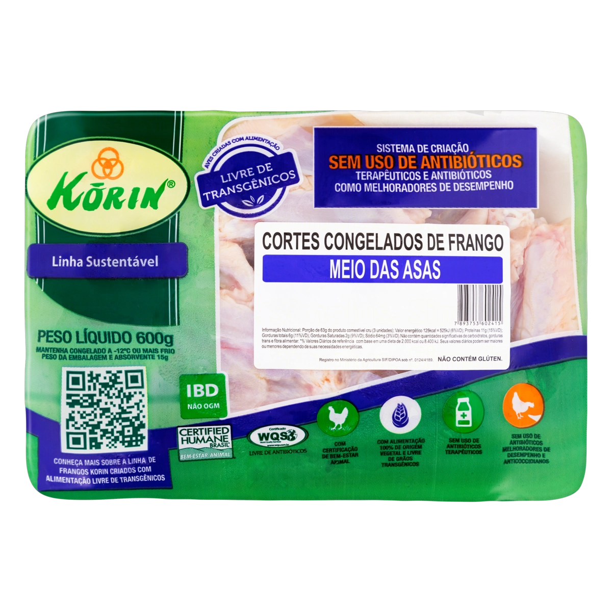 Meio Da Asa De Frango Congelada Korin Sustentável Livre De Transgênicos 600g