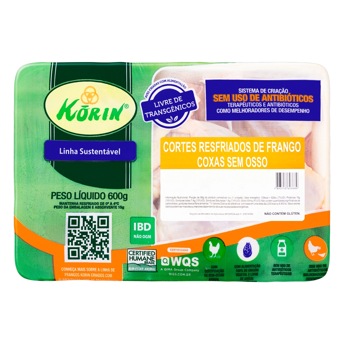 Coxa De Frango Resfriada Sem Osso Korin Sustentável Livre De Transgênicos 600g