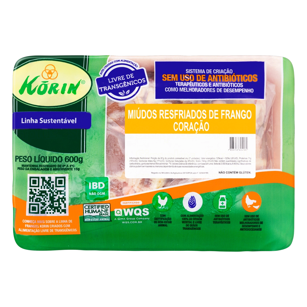 Coração De Frango Resfriado Korin Livre De Transgênicos 600g