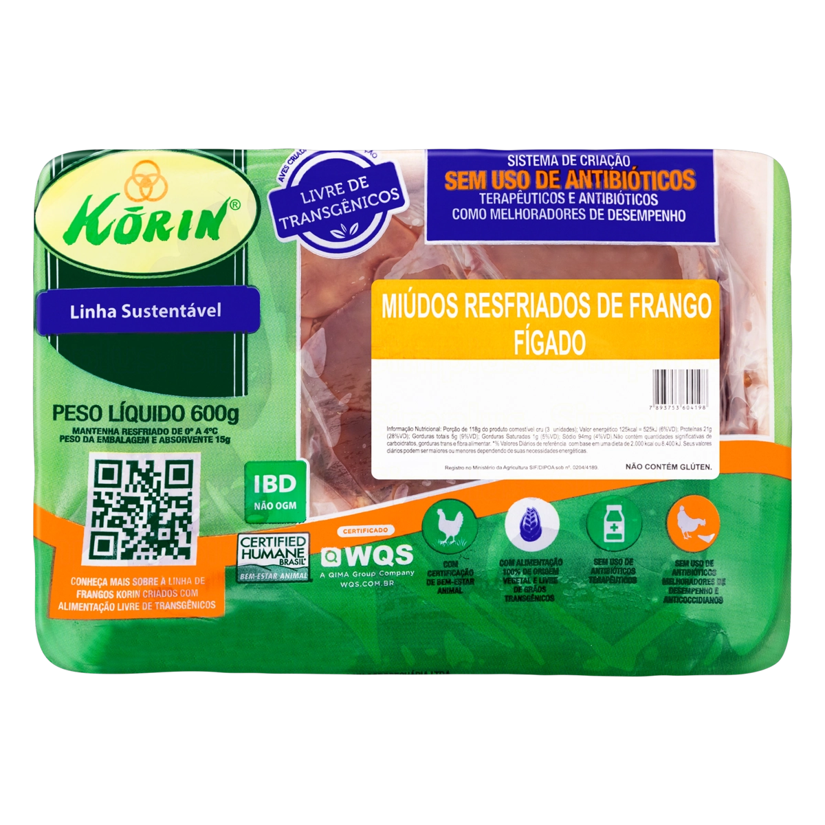 Fígado De Frango Resfriado Sem Pele Sem Osso Korin Sustentável Livre De Transgênicos 600g