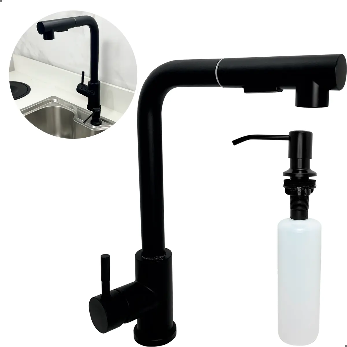 Torneira Gourmet Preta E Dispenser De Detergente 500ml De Embutir Kit Cozinha Inox Lavanderia Ilha