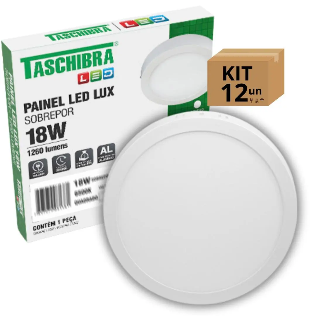 Kit 12un Painel Led Taschibra Sobrepor Redondo 18w 6500k
