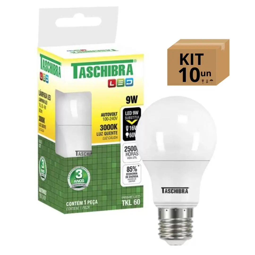 Kit 10un Lâmpada Bulbo Led Taschibra Tkl Bivolt E27 9w 3000k
